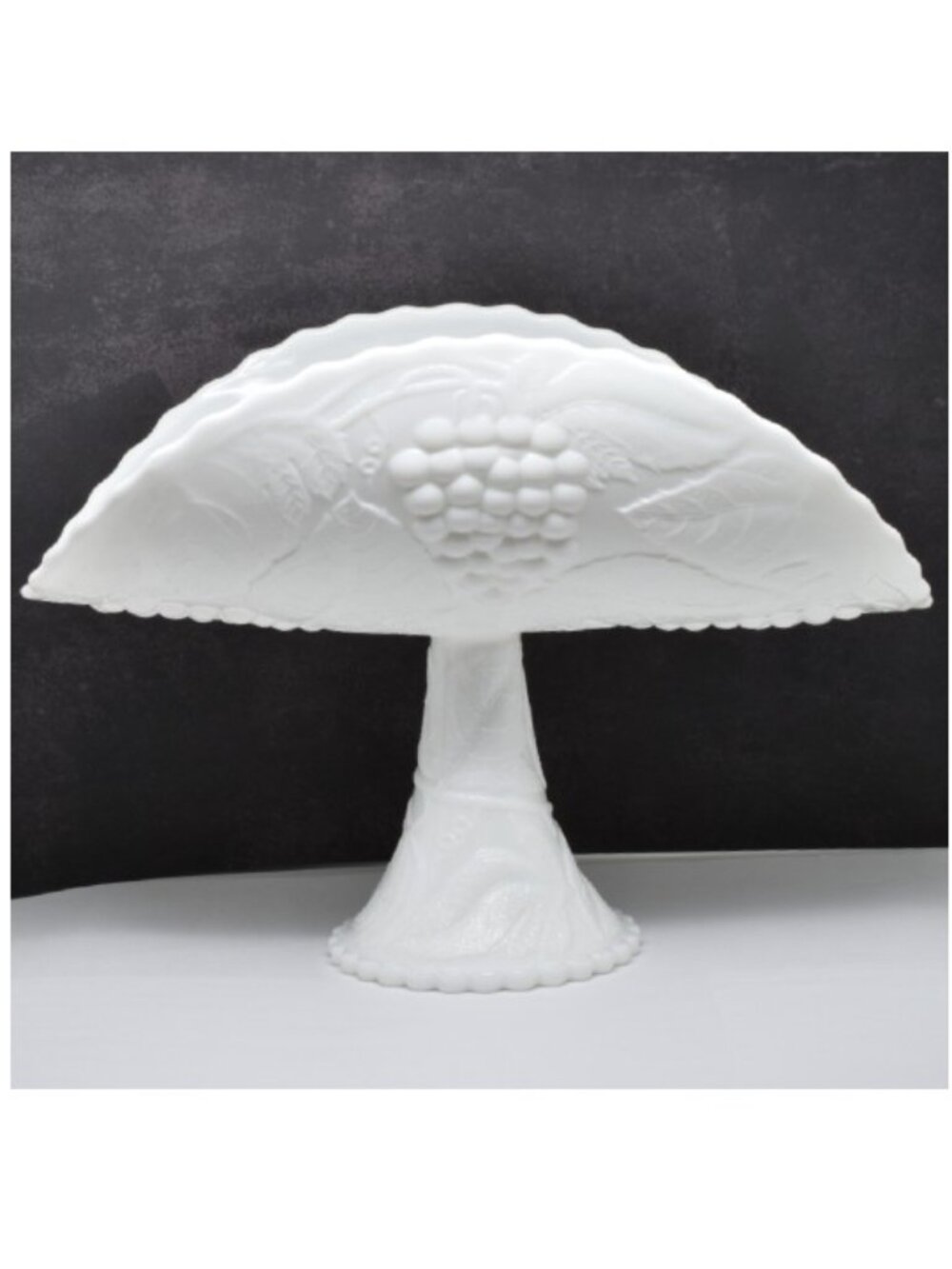 Vintage LE Smith Molded Milk Glass Banana Stand with Pedestal, Grapes Leaves